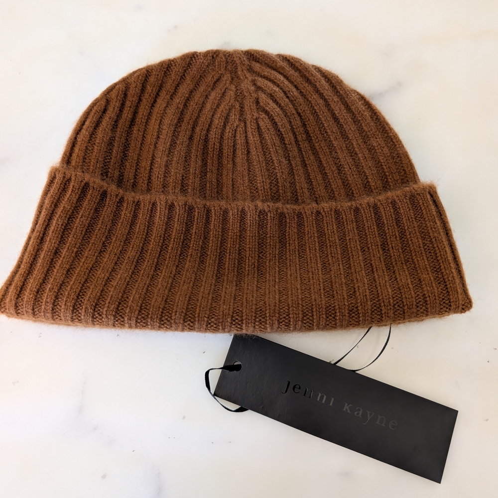 Jenni Kayne Rust Brown Ribbed Beanie Cashmere